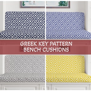 May include: Four bench cushions featuring a Greek key pattern. The cushions are available in four colour combinations: navy blue and white, grey and white, yellow and white, and light blue and white.