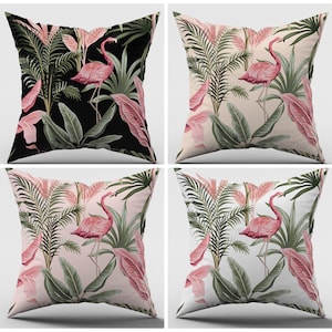 Tropical Pillow Covers|Green Leaves Pillow Case|Flamingo Throw Pillow|Tropical Decor|Leaf Pillow Case|Pink Green Home Decor