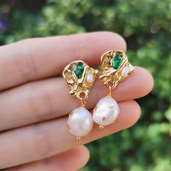 The Emerald Palette: gold real baroque pearl earrings