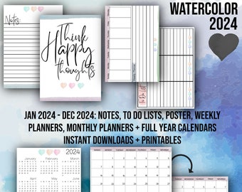 2024 Watercolor Printable Calendar and Planners / 12 Month Planner / Weekly Planner / Monthly Calendars / Watercolor Hearts / 2024 Calendar