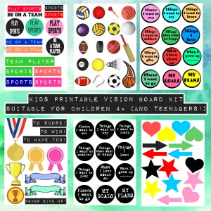 Pu&ograve; includere: Kit di bacheca visiva stampabile per bambini e adolescenti con adesivi colorati che rappresentano sport, obiettivi, luoghi, cose da provare e cose da imparare. Il kit include una variet&agrave; di forme, tra cui cuori, stelle e frecce.