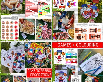 Printable Circus Party Games and Decorations for Kids / Kids Circus Theme / Circus Photo Props / Circus Games / Circus Cake Toppers + More