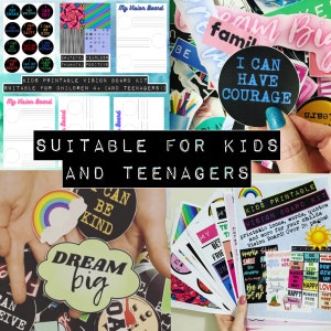 Pu&ograve; includere: Un kit di bacheca visiva stampabile per bambini e adolescenti. Il kit include adesivi colorati con affermazioni positive, come "Posso essere gentile", "Sognare in grande", e "Posso avere coraggio". Il kit include anche un modello di bacheca visiva stampabile con cerchi vuoti per aggiungere foto e altri elementi ispiratori.