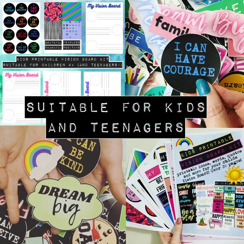 Pu&ograve; includere: Un kit di bacheca visiva stampabile per bambini e adolescenti. Il kit include adesivi colorati con affermazioni positive, come "Posso essere gentile", "Sognare in grande", e "Posso avere coraggio". Il kit include anche un modello di bacheca visiva stampabile con cerchi vuoti per aggiungere foto e altri elementi ispiratori.