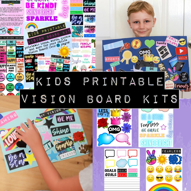 Pu&ograve; includere: Un set di kit di vision board stampabili per bambini. I kit presentano adesivi colorati con affermazioni positive, citazioni motivazionali e design divertenti. I kit sono perfetti per aiutare i bambini a fissare obiettivi e visualizzare i loro sogni.