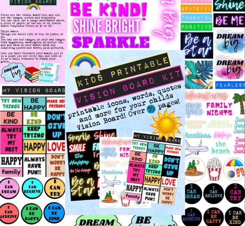 Pu&ograve; includere: Un kit di bacheca della visione stampabile per bambini con illustrazioni e testo colorati. Il kit include parole, citazioni e icone per una bacheca della visione. Il testo sul kit dice "Kids Printable Vision Board Kit" e "Icone, parole, citazioni e altro ancora per la bacheca della visione del tuo bambino! Oltre 35 pagine!"