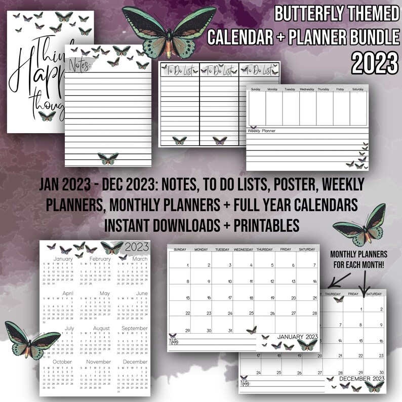 2023 2024 Butterfly Themed Printable Calendar And Planners Etsy Finland