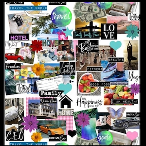 May include: A vision board with a collage of images and text representing goals and aspirations. The board includes images of travel, a house, a car, money, fitness, food, and yoga. The text includes phrases like "Travel the World", "Dream Car", "Family", "Happiness", "Fitness", "Good Food", "Yoga", "Breathe", "Love", "My Goals", "C.E.O", "Freedom", "Hotel", "Home", "Laptop Lifestyle", "Twenty Twenty Four", "The Best Version of Me", "I Am Healthy", "Dream Car", and "Goals".