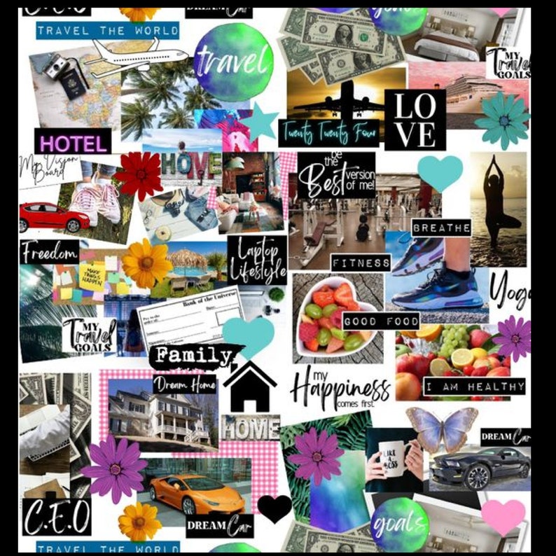 May include: A vision board with a collage of images and text representing goals and aspirations. The board includes images of travel, a house, a car, money, fitness, food, and yoga. The text includes phrases like "Travel the World", "Dream Car", "Family", "Happiness", "Fitness", "Good Food", "Yoga", "Breathe", "Love", "My Goals", "C.E.O", "Freedom", "Hotel", "Home", "Laptop Lifestyle", "Twenty Twenty Four", "The Best Version of Me", "I Am Healthy", "Dream Car", and "Goals".
