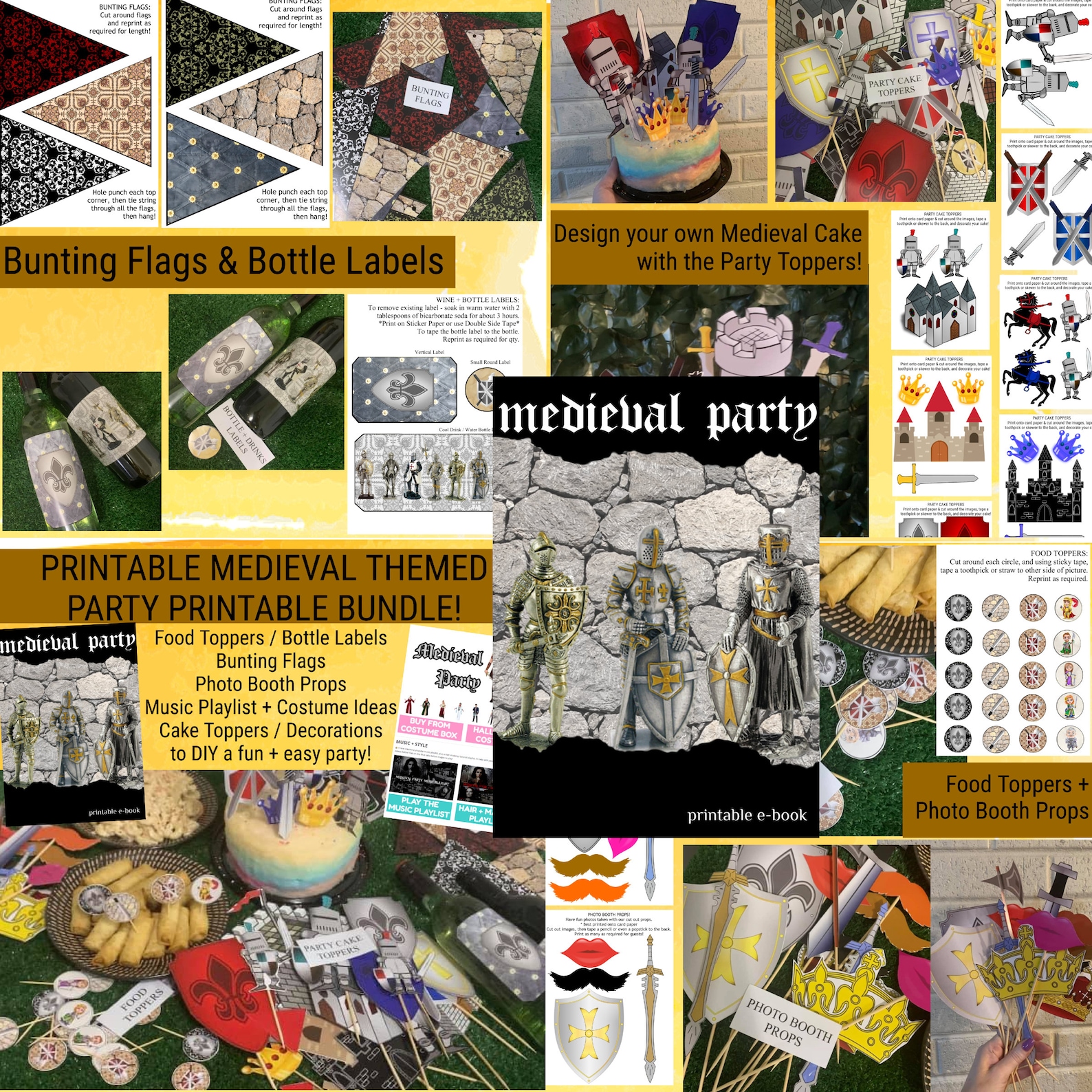 Medieval Party Printable Pack Cake Toppers Photo Booth Props PDF