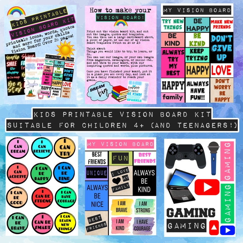 Pu&ograve; includere: Kit di bacheca della visione stampabile per bambini con icone colorate e frasi come "Sii felice", "Prova cose nuove" e "Sognare in grande". Il kit include una variet&agrave; di immagini, tra cui un sole, una stella, una montagna, un aereo, un libro e un controller per videogiochi.