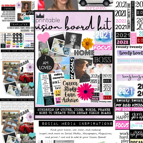 Vision Board Kit with Printable words quotes images frames | Etsy