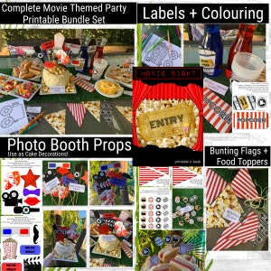 Printable Movie Night Party Pack / Movie Parties / Movie Themed Party / Movie Party Cake Toppers / Movie Labels / Movie Night Photo Props