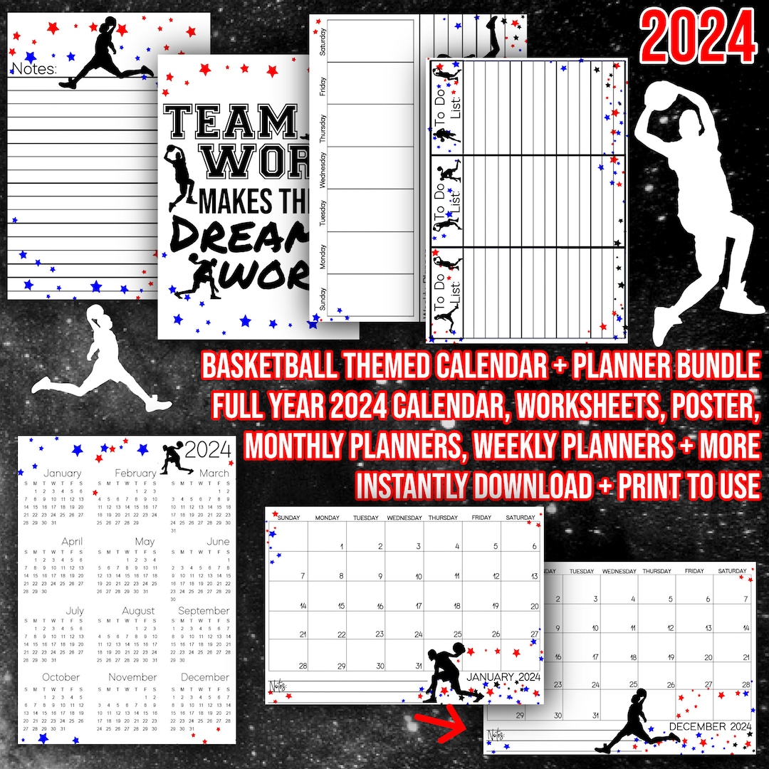 2024 Basketball Printable Calendar and Planners / 12 Month Planner