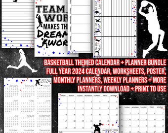 2024 Basketball Printable Calendar and Planners / 12 Month Planner / Weekly Planner / 2024 Calendars / 2024 Planners / Basketball Prints