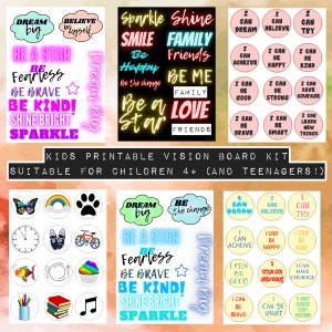Pu&ograve; includere: Kit di bacheca visiva stampabile per bambini e adolescenti. Il kit include adesivi colorati con affermazioni positive, come "Sogna in grande", "Sii una stella", "Sii gentile", "Splendi" e "Luccica".