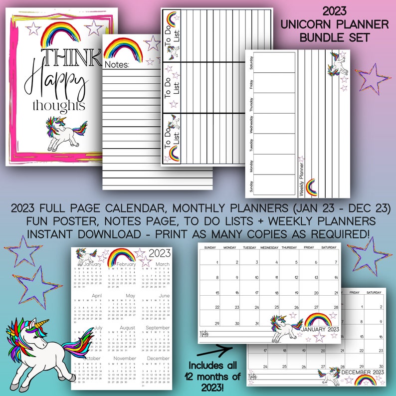 2023 2024 UNICORN THEME Printable Calendars And Planners Etsy Canada