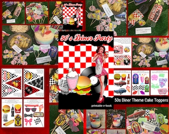 Könnte beinhalten: Druckbare Dekorationen für eine 50er-Jahre-Diner-Party, darunter Essenstopper, Getränke-Etiketten, Fotobox-Requisiten und Girlandenflaggen. Das Design zeigt ein rot-schwarzes Schachbrettmuster, eine alte Jukebox und eine Retro-Diner-Bedienung.