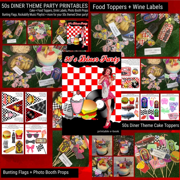 50s Diner Printable Party / 50's Diner / 50's Diner Cake Toppers / Fifties Diner Party / 50's Bunting Flags / 50's Photo Booth Props / Diner