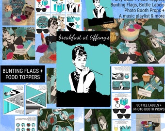 Breakfast at Tiffanys Printable Party Pack / Breakfast at Tiffanys Photo Booth Props / Breakfast at Tiffanys Party Cake Toppers / Tiffany's