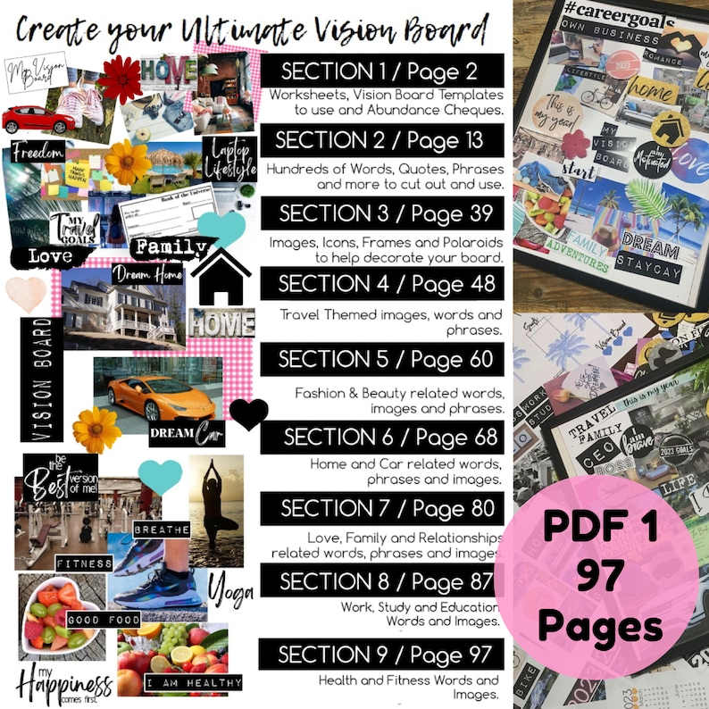 2024 Vision Board Kit with Printable words, quotes, images, frames, backgrounds, icons, abundance cheques more / Updated for 2024 image 2