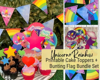 Unicorn and Rainbows Party Cake Toppers / Rainbow and Unicorn Cake Topper Cutouts / Rainbow and Unicorn Themed cake / Unicorn Bunting Flags