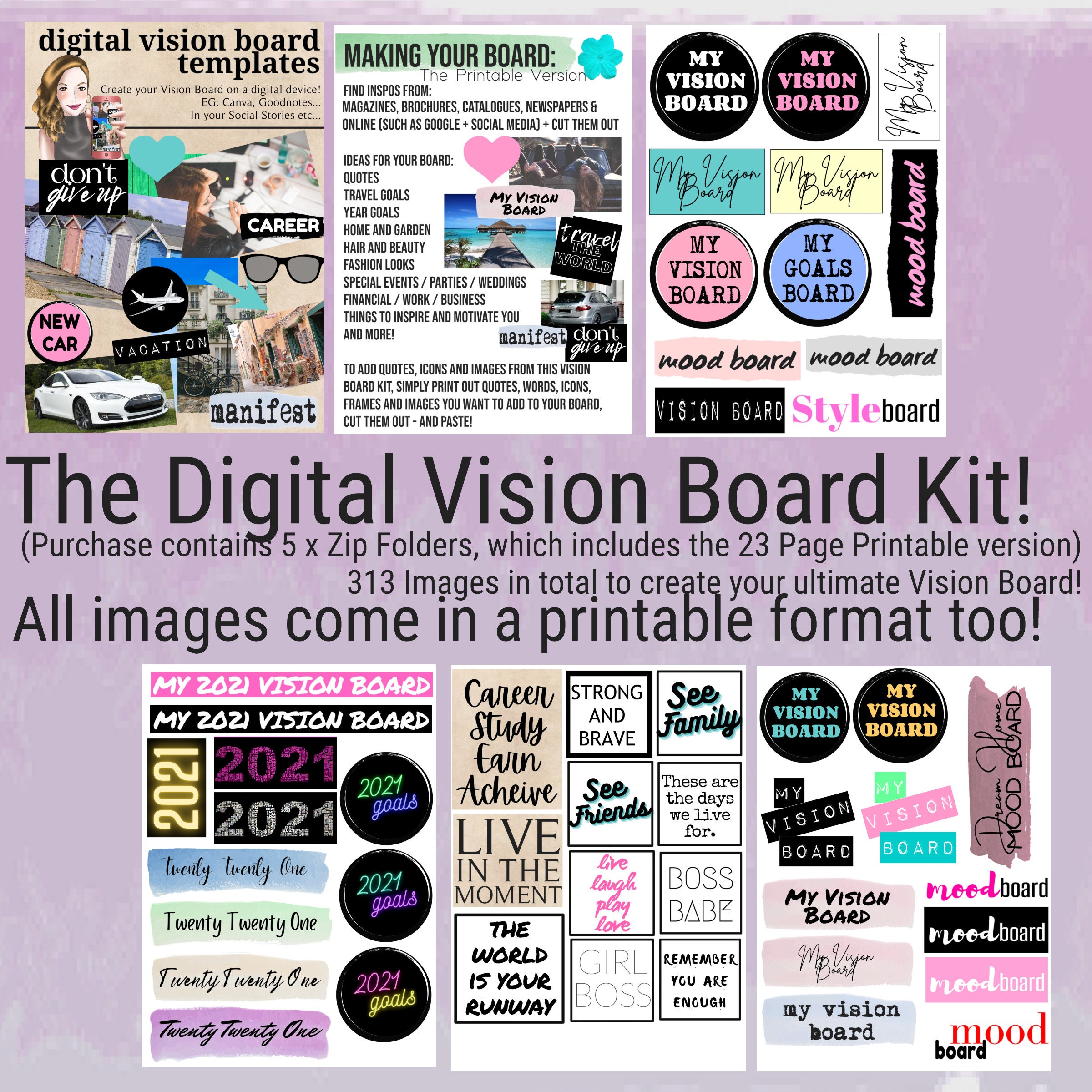 DIGITAL Vision Board Kit / Digital Vision Board Templates / | Etsy