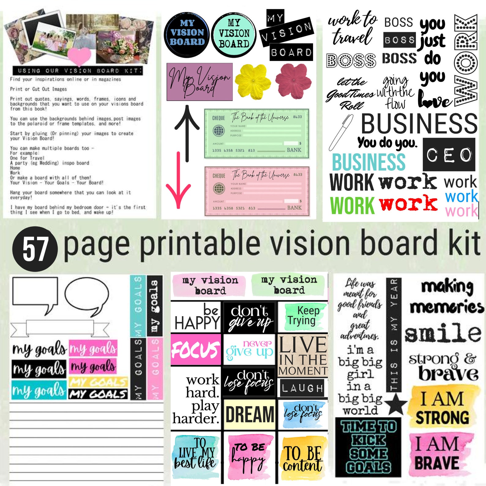 Vision Board Kit with Printable words quotes images frames | Etsy