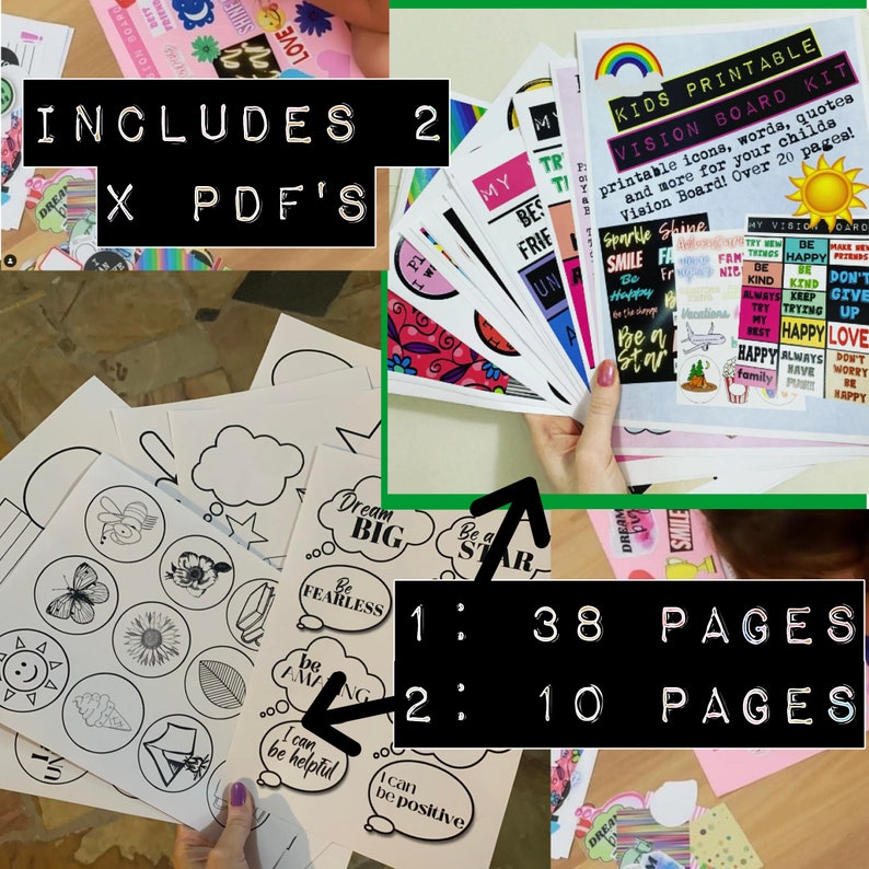 Pu&ograve; includere: Due file PDF stampabili per creare una vision board. Il primo PDF contiene 38 pagine di icone, parole e citazioni colorate. Il secondo PDF contiene 10 pagine di cerchi vuoti per aggiungere le tue immagini. Il testo sull'immagine dice "Kids Printable Vision Board Kit".