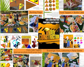 Kids Construction Themed Party Printables / Construction Cake Toppers / Construction Bottle Labels / Construction Bunting Flags / Kids Party
