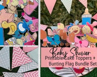 Baby Shower Cake Toppers / Printable Baby Shower Cake Decorations / Gender Reveal Cake Toppers / Printable Baby Shower Bunting Flags