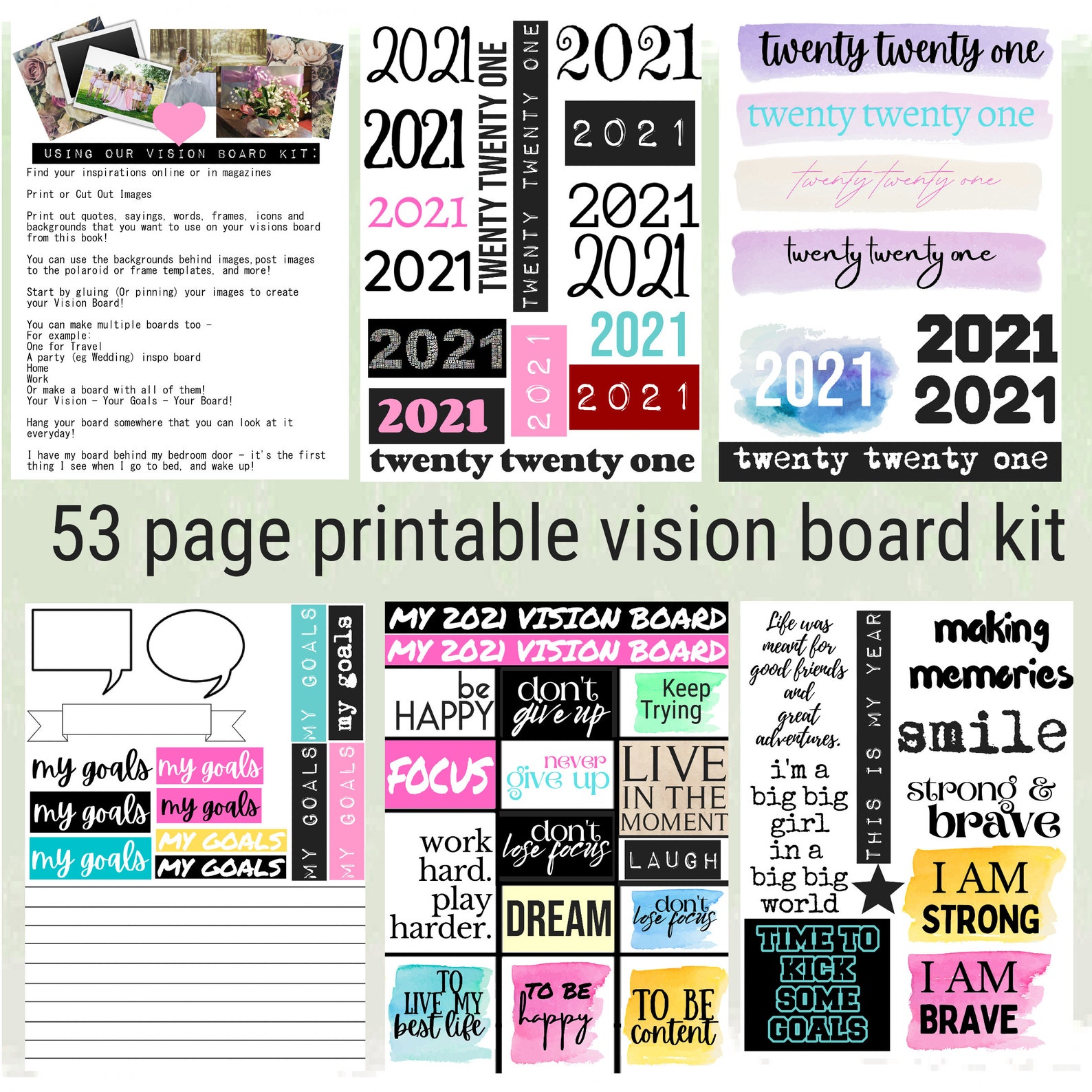 Vision Board Kit with Printable words quotes images frames | Etsy