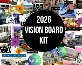 KIT VISION BOARD 2026 avec mots imprimables, citations, images, cadres, arrière-plans, icônes, contrôles d'abondance, collage mural Vision Board + plus