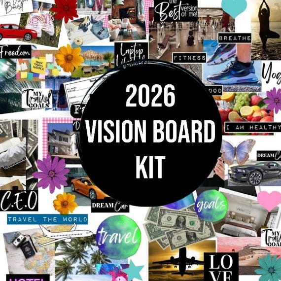2026 VISION BOARD KIT with Printable words, quotes, images, frames, backgrounds, icons, abundance checks, Vision Board Wall Collage + More