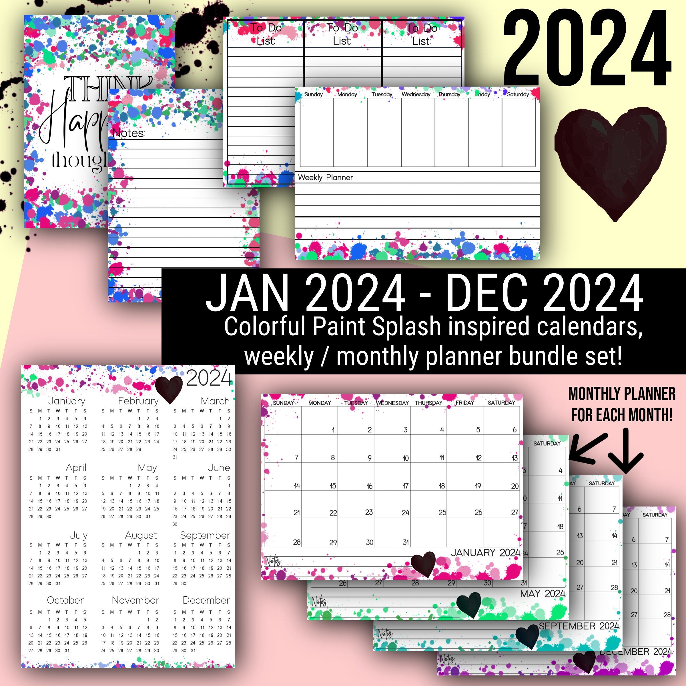 2024 Paint Splash Inspired Printable Calendars and Planners / Weekly