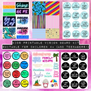 Pu&ograve; includere: Un kit di bacheca della visione stampabile per bambini e adolescenti. Il kit include adesivi colorati con affermazioni positive, frasi motivazionali e immagini di avventure, serate in famiglia e vacanze. Gli adesivi sono progettati per aiutare i bambini a fissare obiettivi e visualizzare i loro sogni.