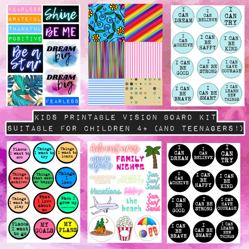 Pu&ograve; includere: Un kit di bacheca della visione stampabile per bambini e adolescenti. Il kit include adesivi colorati con affermazioni positive, frasi motivazionali e immagini di avventure, serate in famiglia e vacanze. Gli adesivi sono progettati per aiutare i bambini a fissare obiettivi e visualizzare i loro sogni.