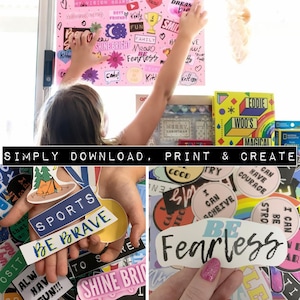 Pu&ograve; includere: Una collezione di adesivi colorati con messaggi positivi come "Sii coraggioso", "Splendi", "Sii impavido", "Puoi avere coraggio", e "Posso essere forte".