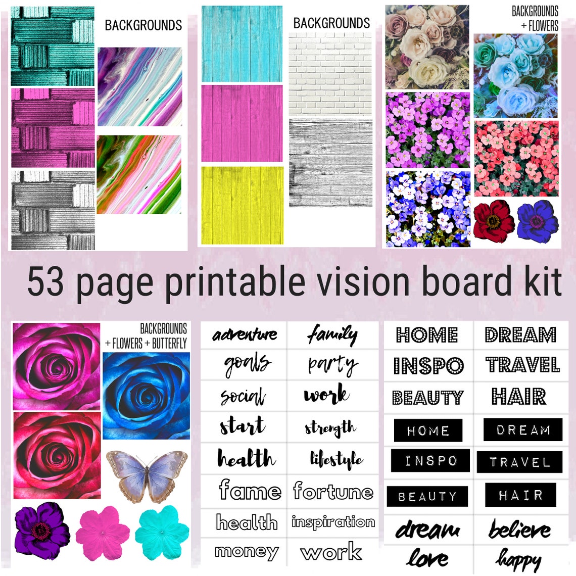 Vision Board Kit with Printable words quotes images frames | Etsy