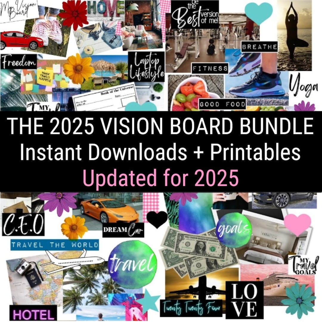 2025 Vision Board Kit With Printable Words, Quotes, Images, Frames, Backgrounds, Icons