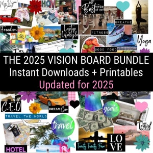 Kit Vision Board 2025 avec des mots imprimables, des citations, des images, des cadres, des arrière-plans, des icônes, des chèques de paiement, un collage mural Vision Board et plus