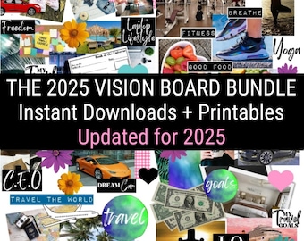 2025 Vision Board Kit with Printable words, quotes, images, frames, backgrounds, icons, abundance cheques, Vision Board Wall Collage + More