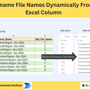 Puede incluir: Una captura de pantalla de una pantalla de ordenador que muestra un tutorial sobre cómo renombrar archivos dinámicamente desde una columna de Excel utilizando Power Automate Desktop. La imagen muestra una hoja de cálculo con dos columnas etiquetadas como "New_Final_Name" y "Old_File_Name". La hoja de cálculo contiene una lista de nombres de archivo, y el tutorial explica cómo usar Power Automate Desktop para renombrar los archivos en función de la información de la hoja de cálculo.