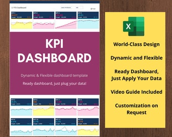 Könnte beinhalten: Eine digitale KPI-Dashboard-Vorlage mit einem lila Header und Datenvisualisierungen. Der Text lautet "KPI DASHBOARD" und "Dynamic & Flexible dashboard template". Enthält ein grünes Excel-Logo und Text: "World-Class Design, Dynamic and Flexible".