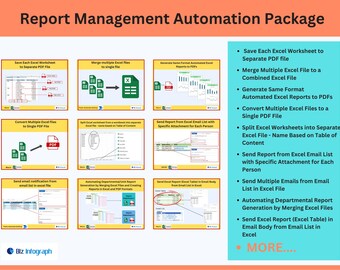 Peut inclure: Infographie intitulée « Report Management Automation Package » avec des icônes et du texte décrivant les processus d'automatisation des fichiers Excel, y compris la fusion, la conversion et l'envoi de rapports. Le logo Biz Infograph est en bas.