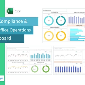 May include: An Excel dashboard labelled "Risk, Compliance & Back-Office Operations Dashboard" with charts and graphs. The dashboard shows data visualisations, including pie charts, bar graphs, and line graphs, with percentages and numerical data.