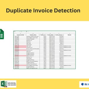 Puede incluir: Una captura de pantalla de una hoja de cálculo de Excel con detección de facturas duplicadas. La imagen incluye los logotipos de MS Excel y VBA Macro, y el logotipo de Biz Infograph. El texto "Duplicate Invoice Detection" está en la parte superior.