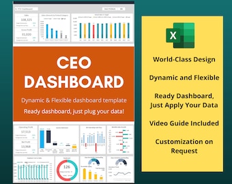 Könnte beinhalten: Eine farbenfrohe CEO-Dashboard-Vorlage für Excel mit Diagrammen und Grafiken mit Datenvisualisierungen. Die Vorlage ist dynamisch und flexibel, sodass Benutzer ihre eigenen Daten einfügen können. Der Text "World-Class Design" und "Ready Dashboard, Just Apply Your Data" wird auf der rechten Seite des Bildes angezeigt.