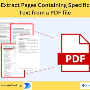 May include: A diagram showing how to extract specific text from a PDF file using Power Automate Desktop. The diagram shows a PDF file with the text "PDF" on it, and a red arrow pointing to the PDF file from a Power Automate Desktop icon. The diagram also shows three pages from a PDF file with text about "Personal Income Tax Measures" and "Canadian Expenditures".