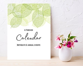 Watercolor Greenery Birthday Calendar, Printable Annual Events (PDF/JPG)